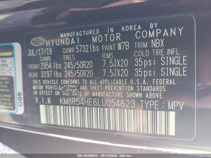 2020 Hyundai Palisade Limited VIN: KM8R54HE6LU054623 Lot: 39389835