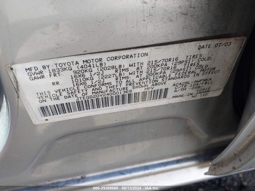 2004 Toyota Rav4 VIN: JTEGD20V240001369 Lot: 39389860