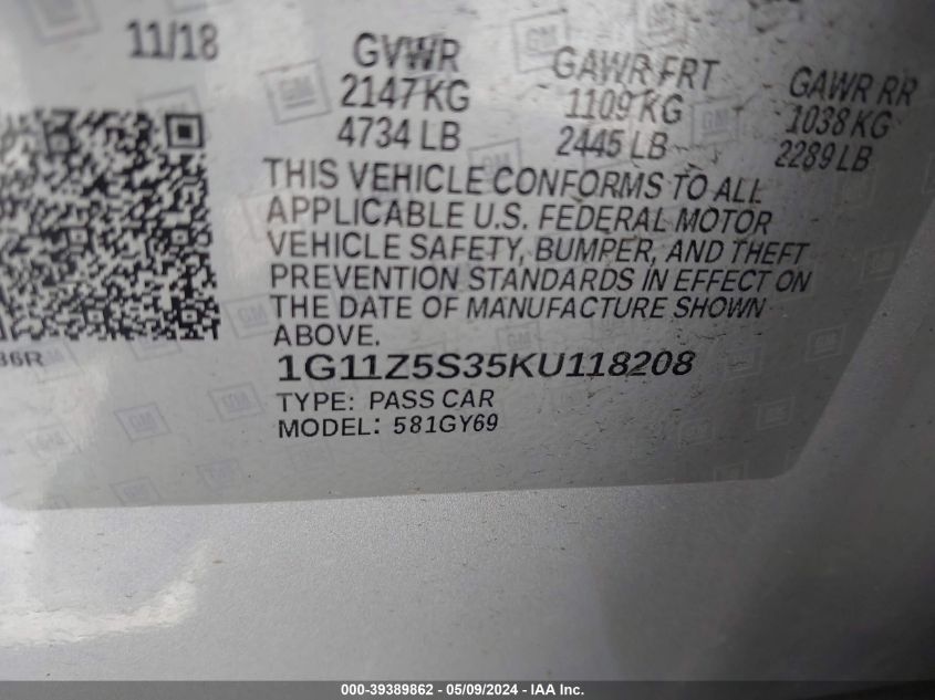 2019 Chevrolet Impala Lt VIN: 1G11Z5S35KU118208 Lot: 39389862