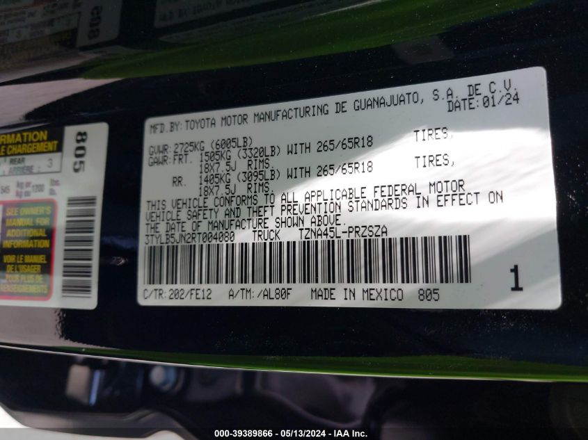 2024 Toyota Tacoma Trd Sport VIN: 3TYLB5JN2RT004080 Lot: 39389866