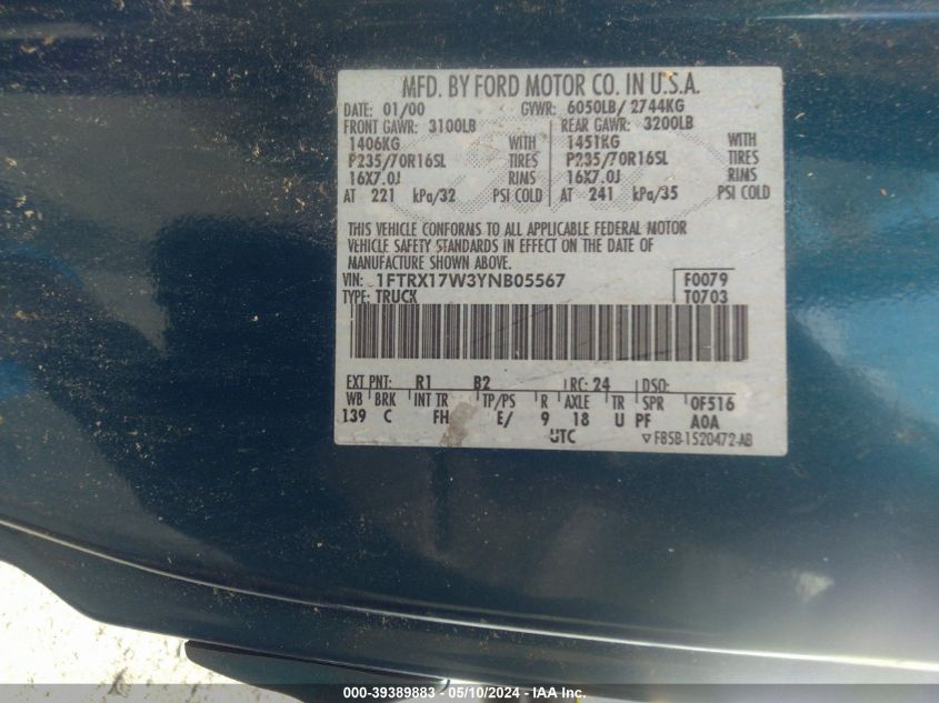 2000 Ford F-150 Lariat/Work Series/Xl/Xlt VIN: 1FTRX17W3YNB05567 Lot: 39389883
