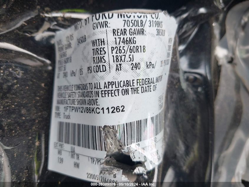 2006 Ford F-150 Lariat/Xlt VIN: 1FTPW12V86KC11262 Lot: 39389889