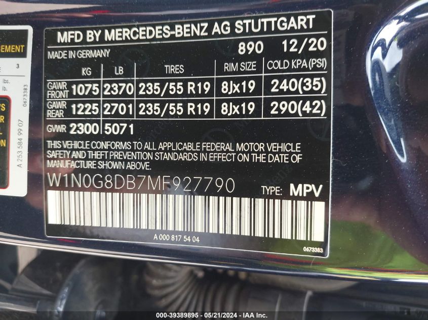 2021 Mercedes-Benz Glc 300 Suv VIN: W1N0G8DB7MF927790 Lot: 39389895