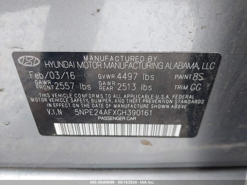 2016 Hyundai Sonata VIN: 5NPE24AFXGH390161 Lot: 39389899