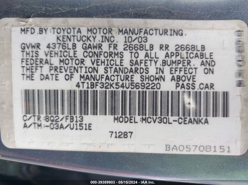 2004 Toyota Camry Le V6 VIN: 4T1BF32K54U569220 Lot: 39389903