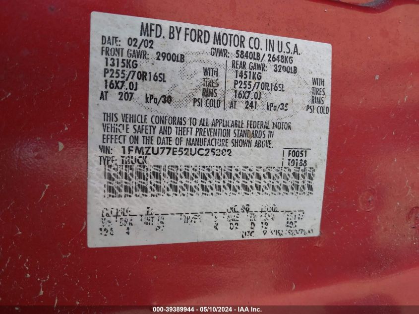 2002 Ford Explorer Sport Trac VIN: 1FMZU77E52UC25382 Lot: 39389944