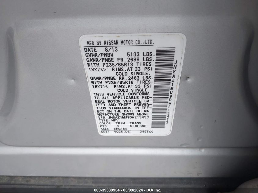 2013 Nissan Murano Sv VIN: JN8AZ1MU9DW213453 Lot: 39389954