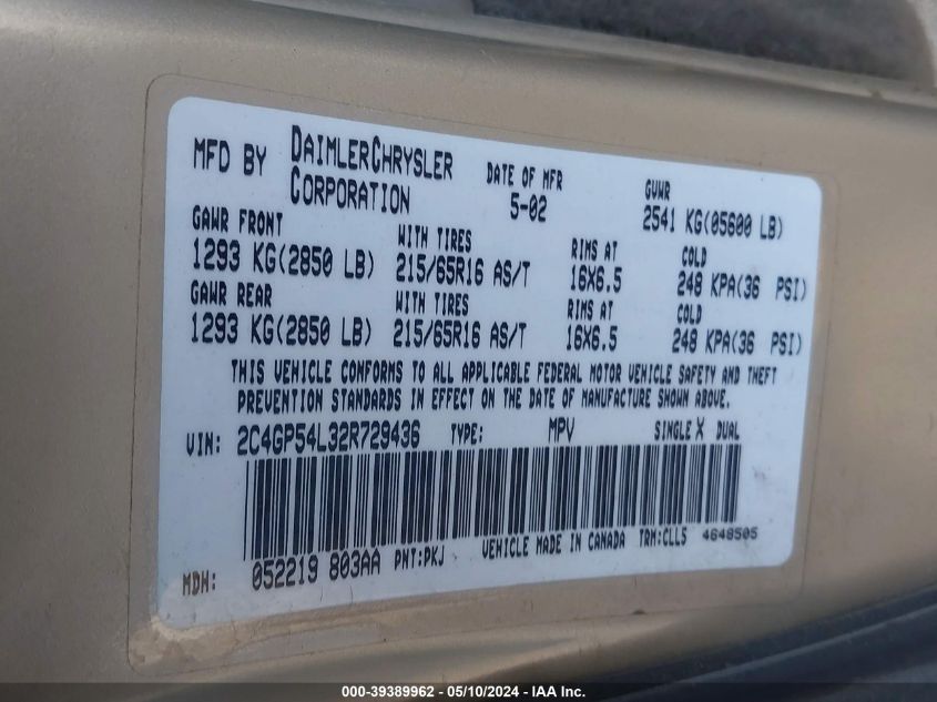 2002 Chrysler Town & Country Lxi VIN: 2C4GP54L32R729436 Lot: 39389962