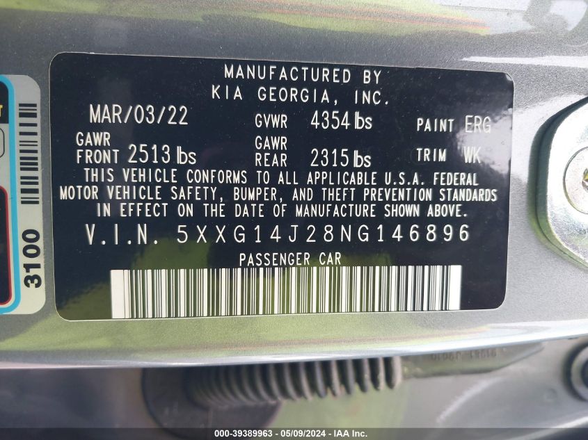 2022 Kia K5 Lxs VIN: 5XXG14J28NG146896 Lot: 39389963