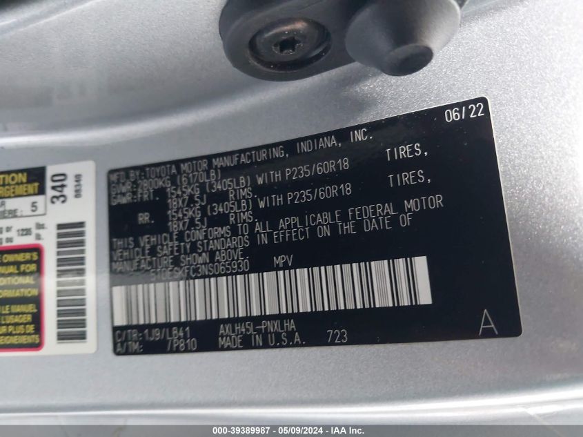 2022 Toyota Sienna Platinum VIN: 5TDESKFC3NS065930 Lot: 39389987