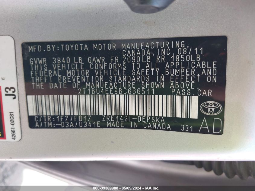 2011 Toyota Corolla S VIN: 2T1BU4EE8BC666511 Lot: 39389988