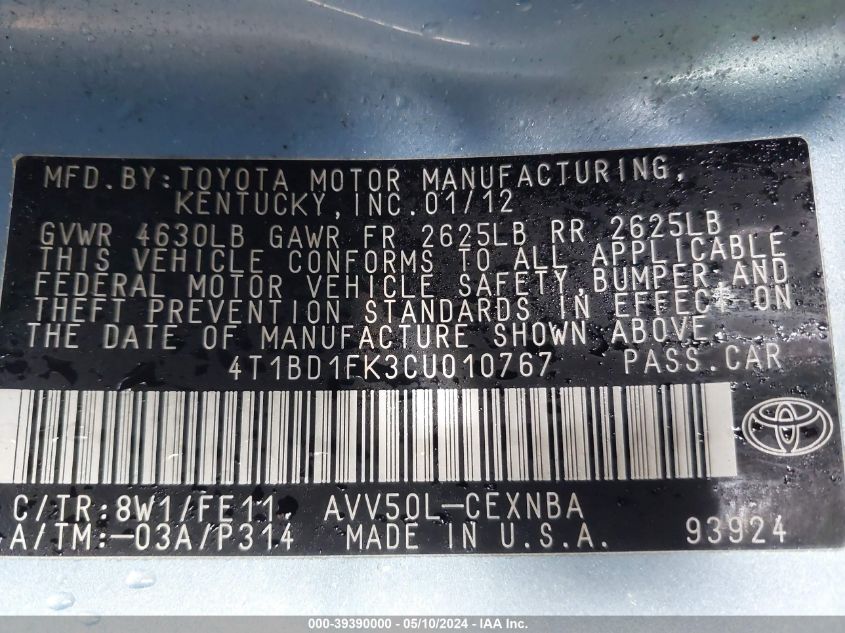 2012 Toyota Camry Hybrid Le VIN: 4T1BD1FK3CU010767 Lot: 39390000