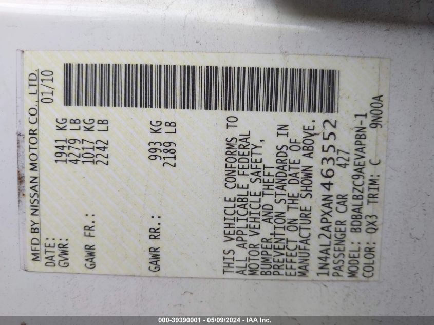 2010 Nissan Altima 2.5 S VIN: 1N4AL2APXAN463552 Lot: 39390001