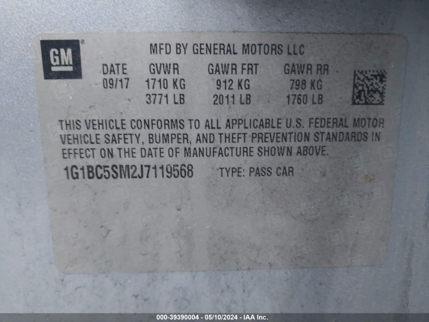 2018 Chevrolet Cruze Ls Auto VIN: 1G1BC5SM2J7119568 Lot: 39390004