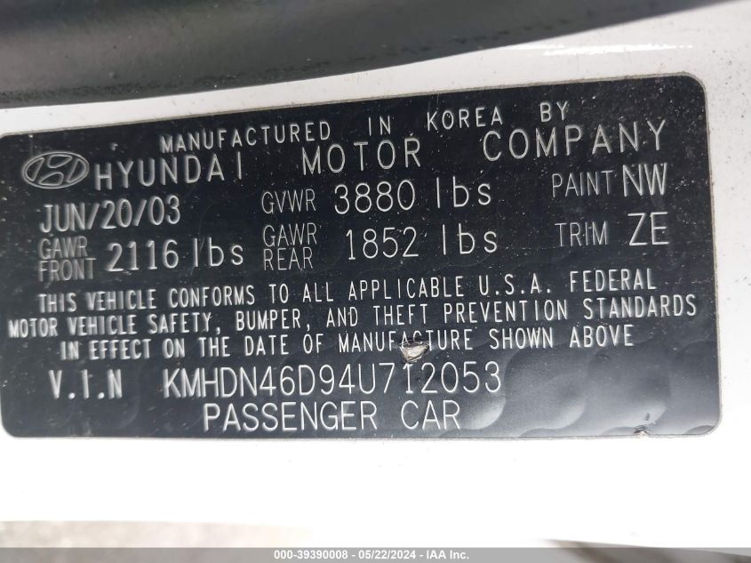 2004 Hyundai Elantra Gls/Gt VIN: KMHDN46D94U712053 Lot: 39390008