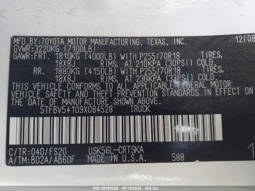 2009 Toyota Tundra Grade 5.7L V8 VIN: 5TFBV54109X084528 Lot: 39390026