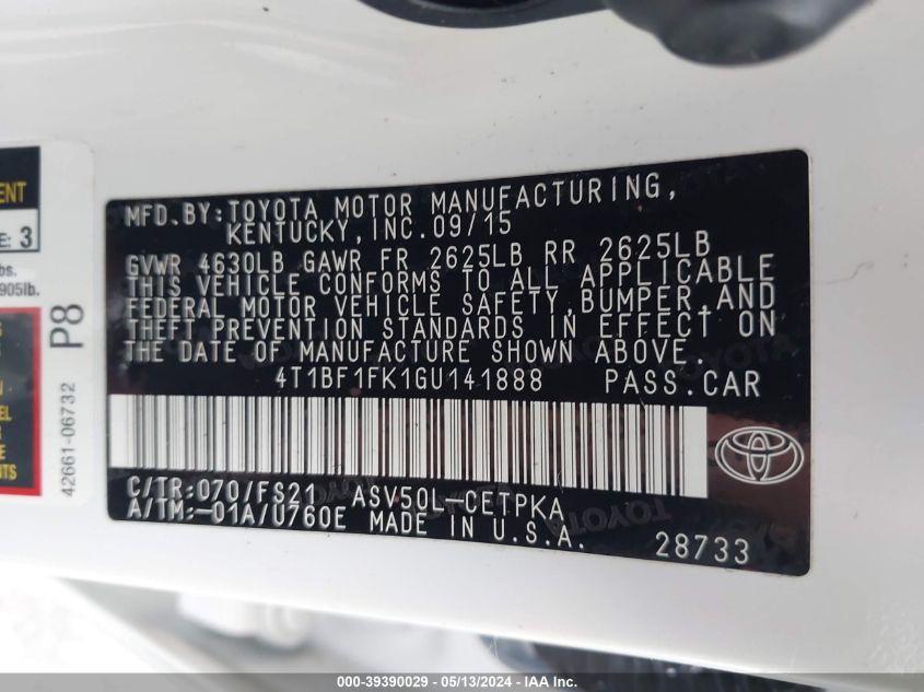 2016 Toyota Camry Se VIN: 4T1BF1FK1GU141888 Lot: 39390029