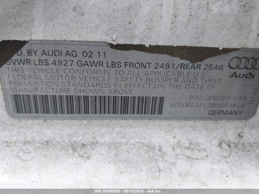 2011 Audi A4 2.0T Premium VIN: WAUFFAFL3BNO43864 Lot: 39390052