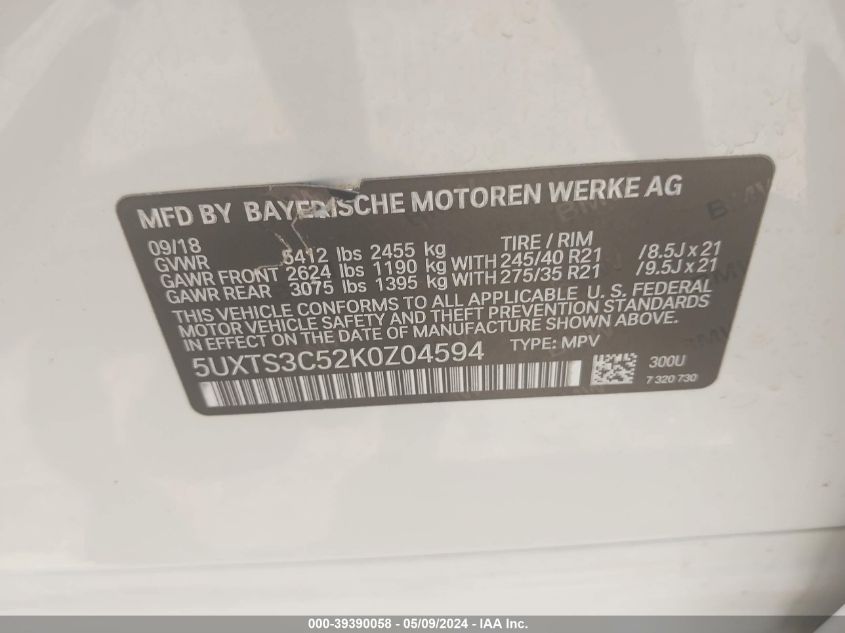 2019 BMW X3 M40I - 5UXTS3C52K0Z04594