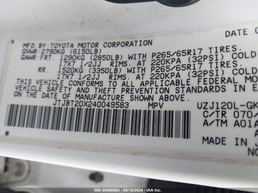 2004 Lexus Gx 470 VIN: JTJBT20X240049583 Lot: 39390063