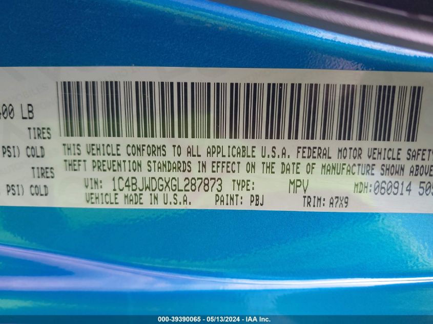 2016 Jeep Wrangler Unlimited Sport VIN: 1C4BJWDGXGL287873 Lot: 39390065