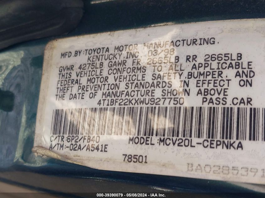 1998 Toyota Camry Le V6 VIN: 4T1BF22KXWU927750 Lot: 39390079