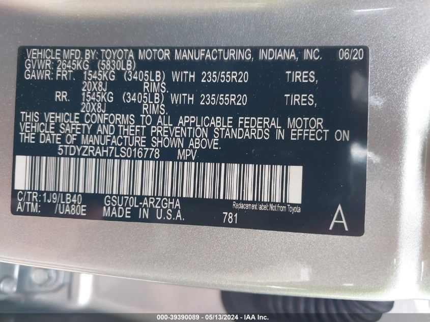 2020 Toyota Highlander Limited VIN: 5TDYZRAH7LS016778 Lot: 39390089