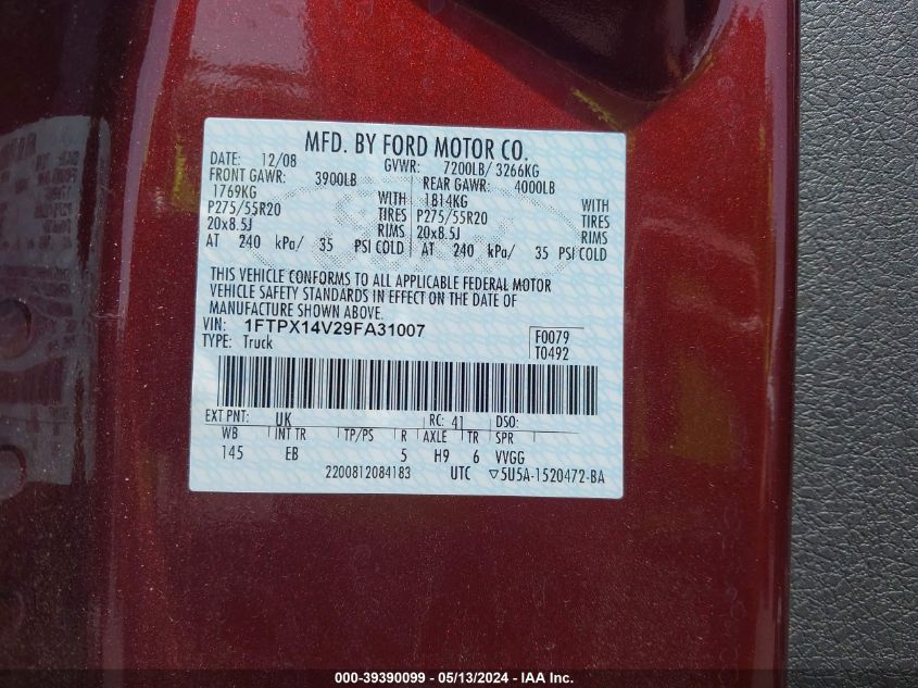 2009 Ford F-150 Fx4/Lariat/Xl/Xlt VIN: 1FTPX14V29FA31007 Lot: 39390099