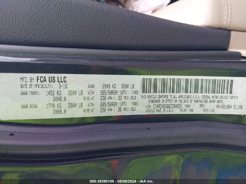 2016 Dodge Durango Citadel VIN: 1C4RDHEG8GC394551 Lot: 39390109