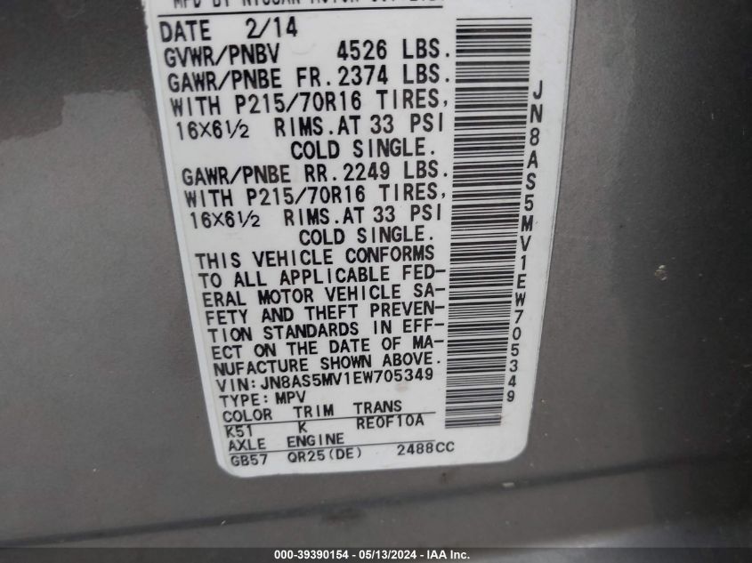 2014 Nissan Rogue Select S VIN: JN8AS5MV1EW705349 Lot: 39390154