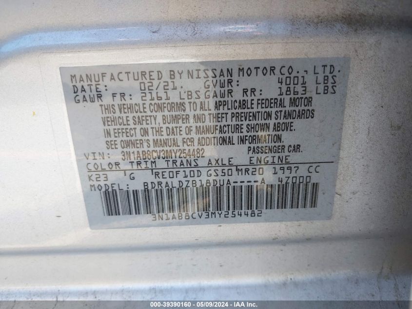 2021 Nissan Sentra Sv Xtronic Cvt VIN: 3N1AB8CV3MY254482 Lot: 39390160