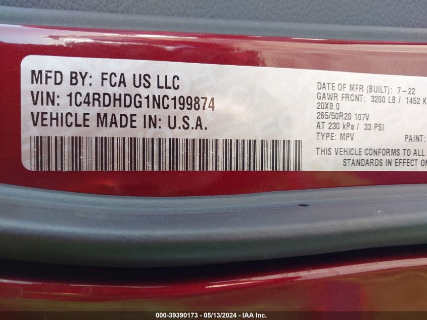 2022 Dodge Durango Gt Plus Rwd VIN: 1C4RDHDG1NC199874 Lot: 39390173
