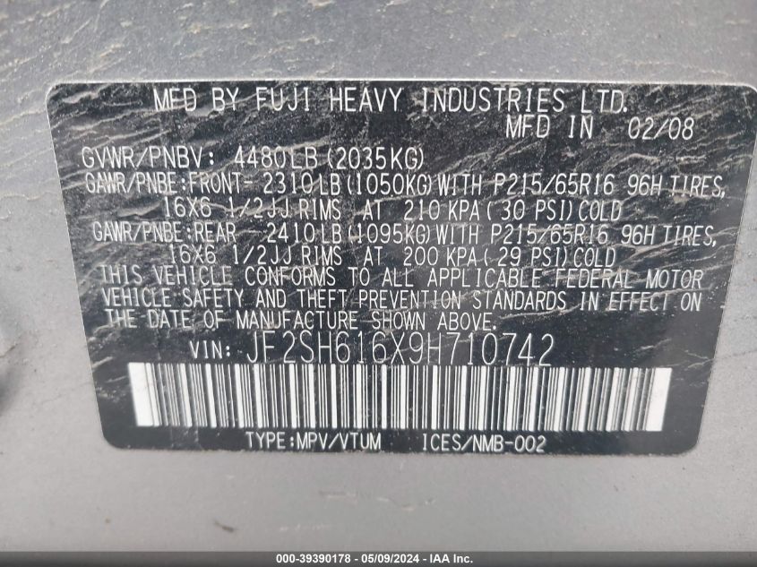 2009 Subaru Forester 2.5X VIN: JF2SH616X9H710742 Lot: 39390178