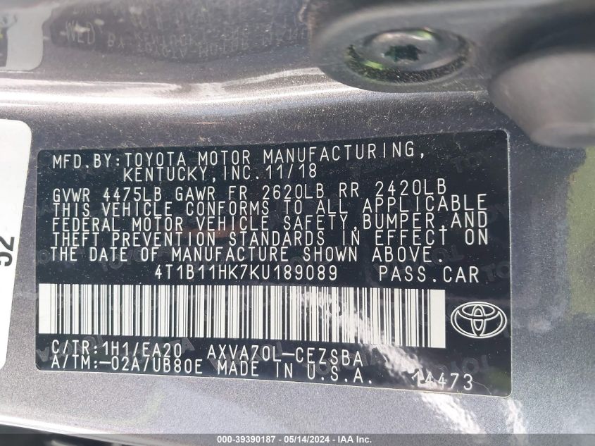 2019 Toyota Camry Se VIN: 4T1B11HK7KU189089 Lot: 39390187