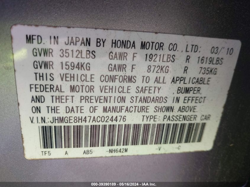 2010 Honda Fit Sport VIN: JHMGE8H47AC024476 Lot: 39390189