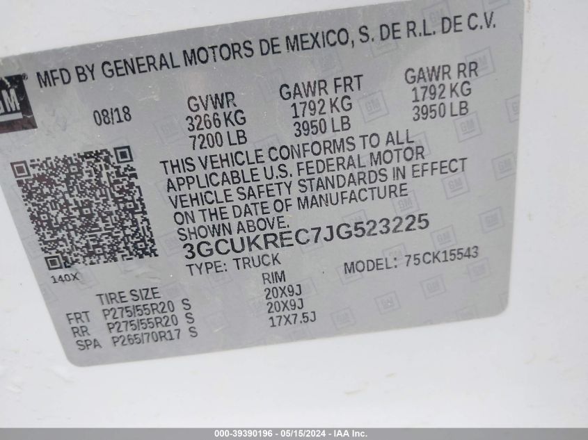 2018 Chevrolet Silverado 1500 2Lt VIN: 3GCUKREC7JG523225 Lot: 39390196