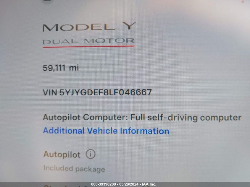 2020 Tesla Model Y Long Range Dual Motor All-Wheel Drive/Performance Dual Motor All-Wheel Drive VIN: 5YJYGDEF8LF046667 Lot: 39390200