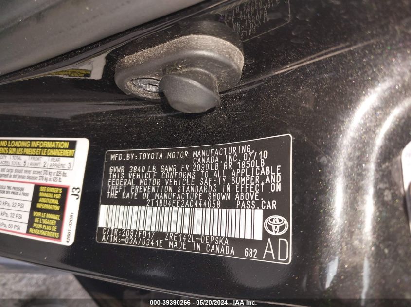 2010 Toyota Corolla S VIN: 2T1BU4EE2AC444058 Lot: 39390266