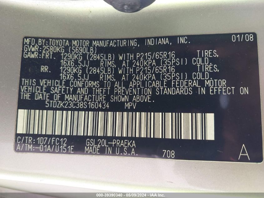 2008 Toyota Sienna Le VIN: 5TDZK23C38S160434 Lot: 39390340