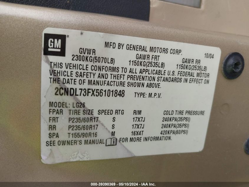 2005 Chevrolet Equinox Lt VIN: 2CNDL73FX56101848 Lot: 39390369