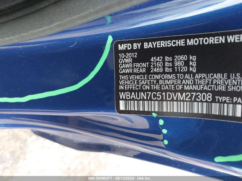 2013 BMW 135I VIN: WBAUN7C51DVM27308 Lot: 39390371