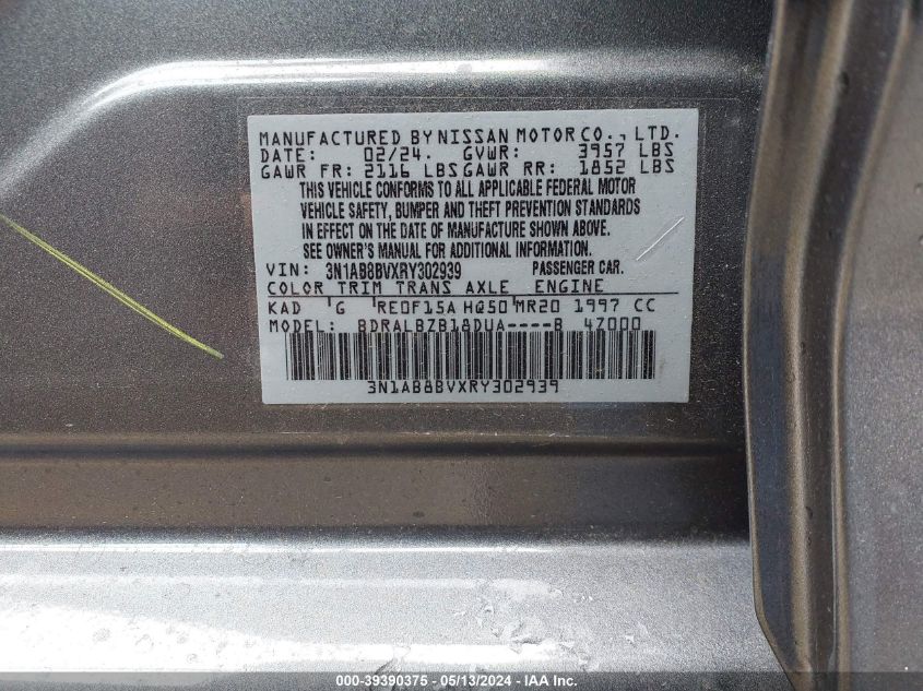 2024 Nissan Sentra S Xtronic Cvt VIN: 3N1AB8BVXRY302939 Lot: 39390375