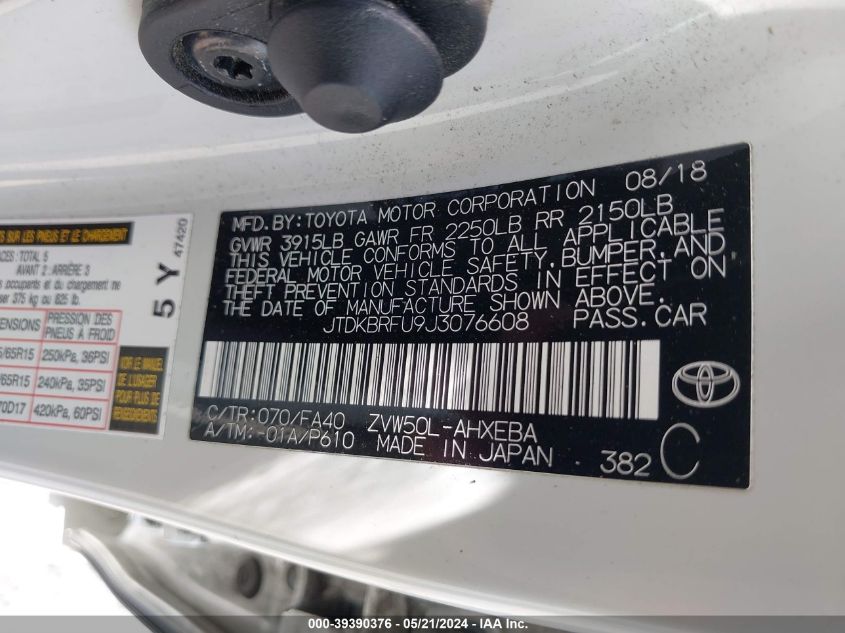 2018 Toyota Prius Two VIN: JTDKBRFU9J3076608 Lot: 39390376