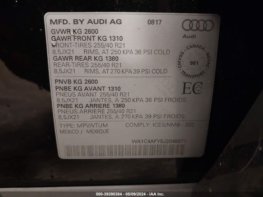2018 Audi Sq5 3.0T Premium Plus VIN: WA1C4AFY5J2046671 Lot: 39390384