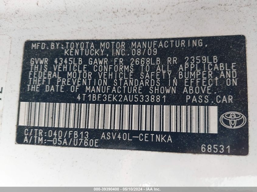 2010 Toyota Camry VIN: 4T1BF3EK2AU533881 Lot: 39390400