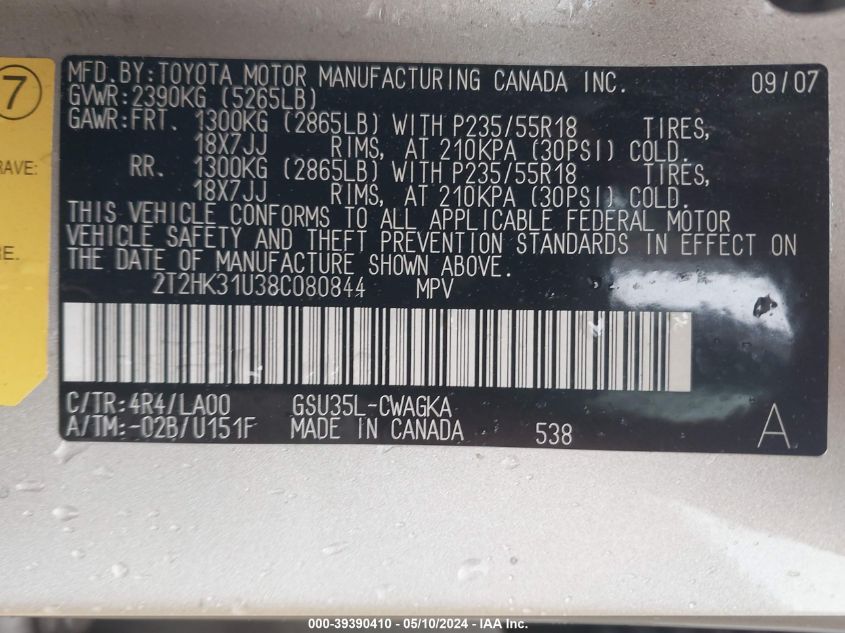 2008 Lexus Rx 350 VIN: 2T2HK31U38C080844 Lot: 39390410