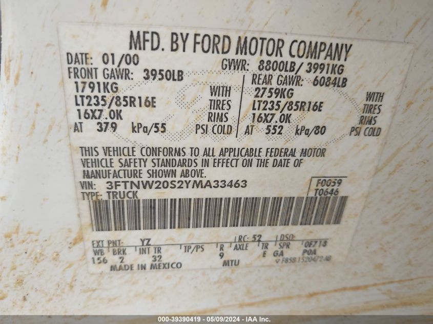 2000 Ford F-250 Lariat/Xl/Xlt VIN: 3FTNW20S2YMA33463 Lot: 39390419