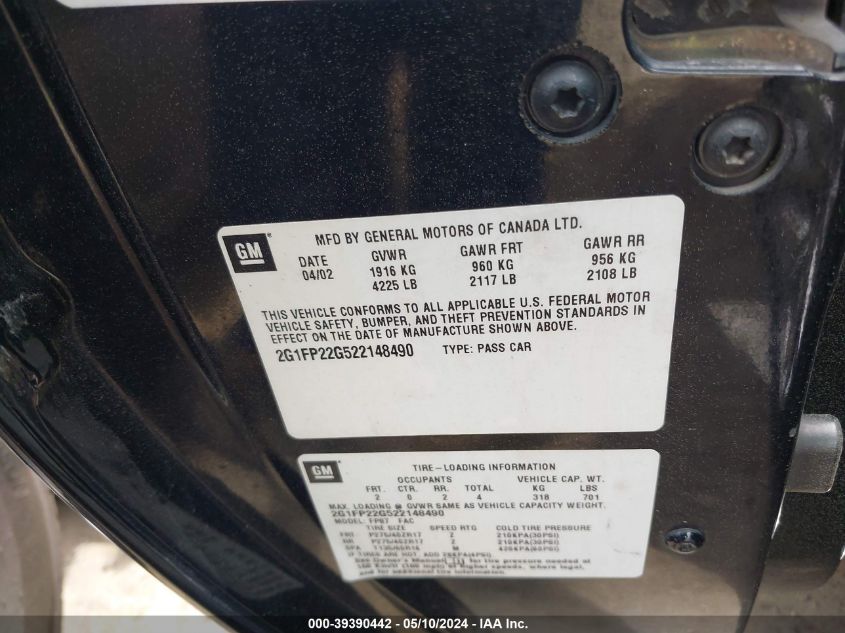 2002 Chevrolet Camaro Z28 VIN: 2G1FP22G522148490 Lot: 39390442