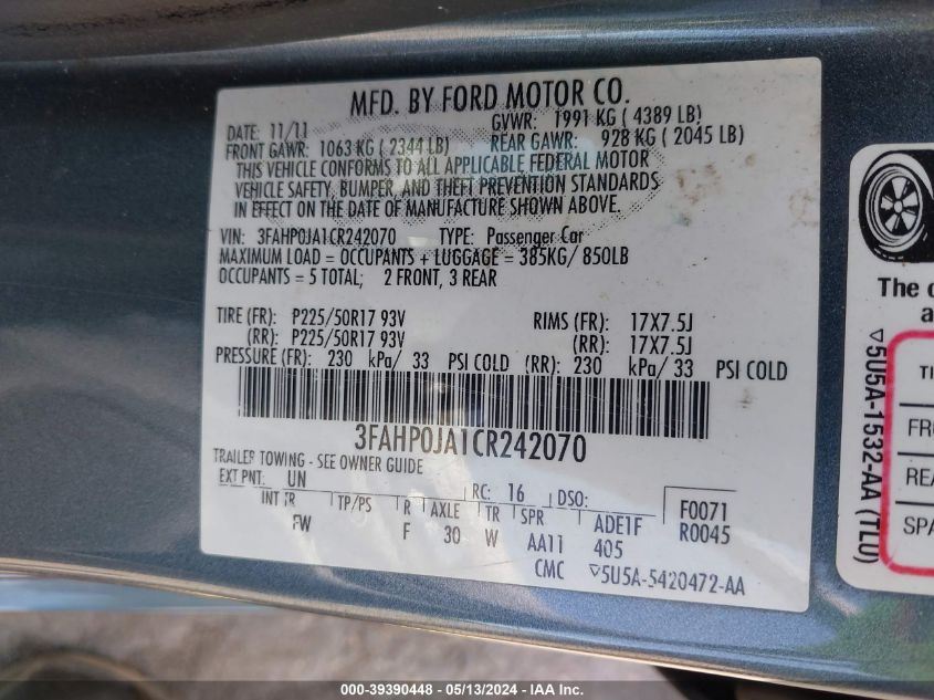 2012 Ford Fusion Sel VIN: 3FAHP0JA1CR242070 Lot: 39390448