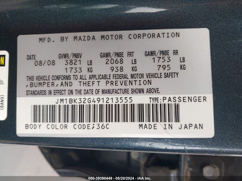 2009 Mazda Mazda3 I VIN: JM1BK32G491213555 Lot: 39390449